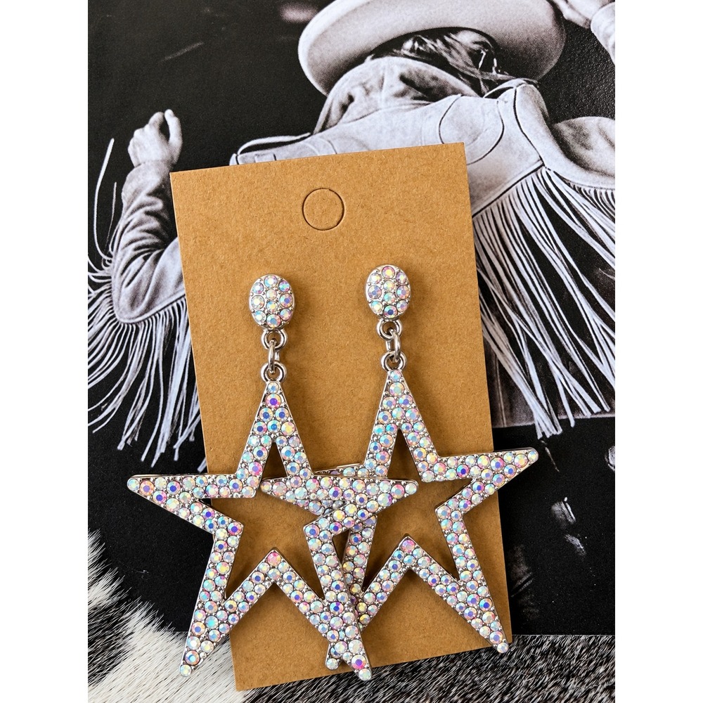 AB Crystal Star Earrings Silver Tone Western Cowgirl Rhinestone Statement